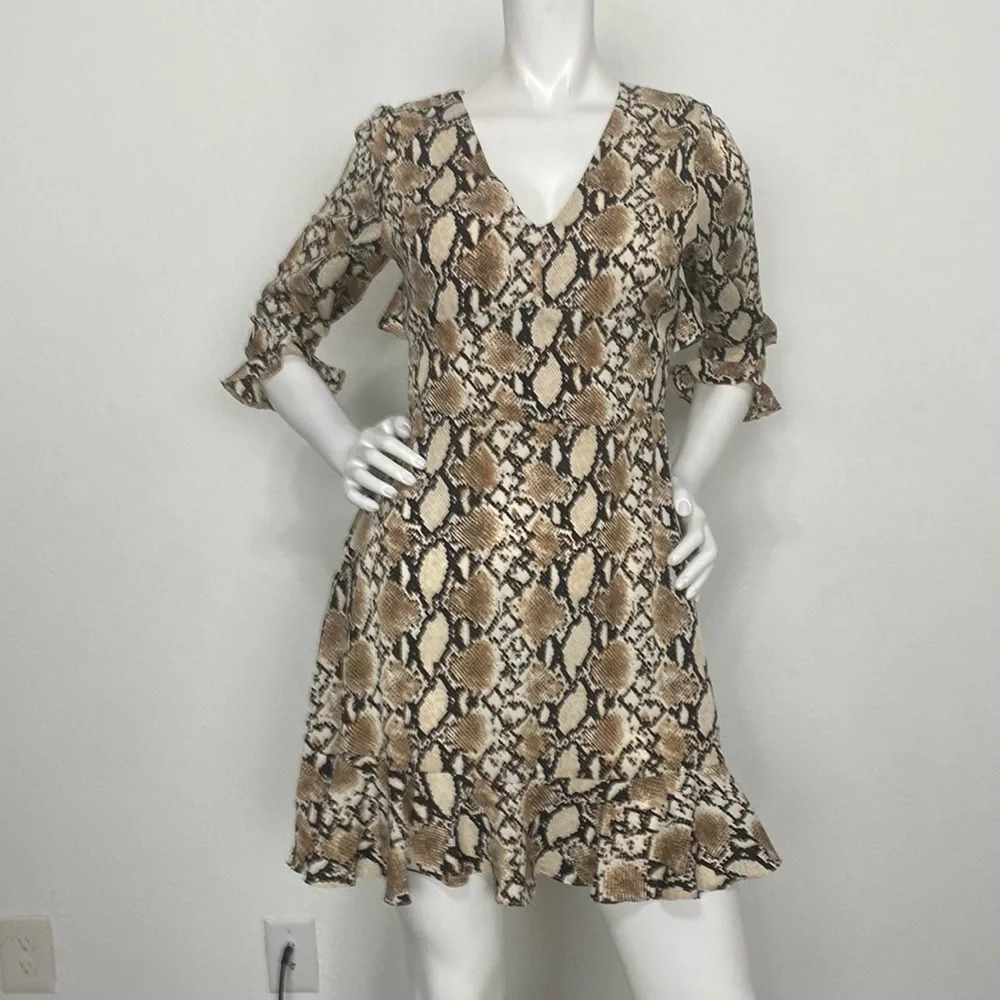 Scully Scarlett Python Print V-Neck 3/4 Sleeve Ruffle Pullover Mini Dress Size S - Picture 3 of 12